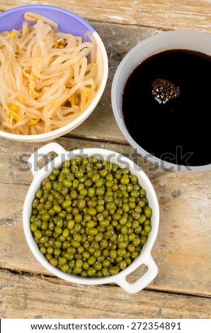 Soy beans, sprouts and sauce, Asian cuisine ingredients