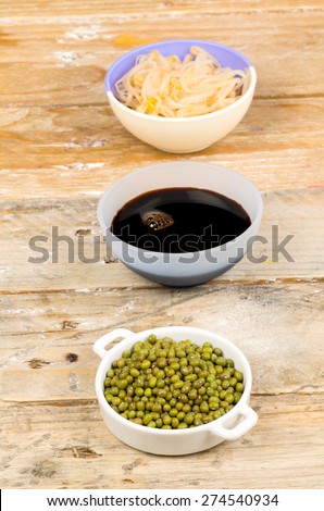 Soy beans, sprouts and sauce, Asian cuisine ingredients