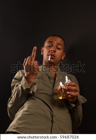 stock photo : Drunk middle eastern male sticking up finger in defiance
