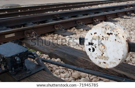 Old manual railway switch against the background of the track