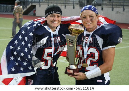 STOCKHOLM - JULY 3: Team USA wins gold in first ever IFAF woman\'s tackle football world championship July 3, 2010 in Stockholm, Sweden, Team USA dominates by winning all their games.