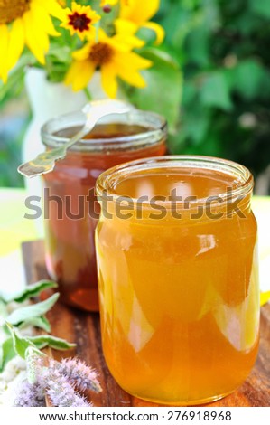 Two jars of honey (buckwheat and meadow one) in the garden