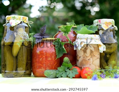 Homemade preserves (cucumbers, tomatoes, vegetable salad, mushrooms) with garden as a background.