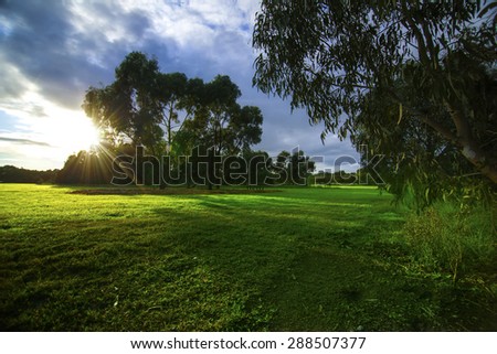 Beautiful outdoor open space park with blue sky and morning sun.