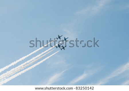 MOSCOW, RUSSIA - AUGUST 16: Civil airplanes making aerobatic manoeuvres at the International Aviation and Space salon MAKS 2011, August 16, 2011 at Zhukovsky, Russia