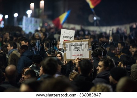 Bucharest, Romania - November 5, 2015 - Bucharest sees third day of protests at University Square against the Romanian corruption.