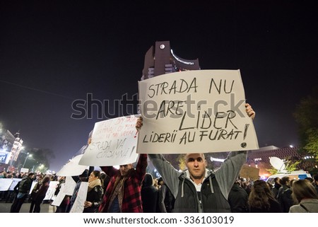 Bucharest, Romania - November 5, 2015 - Bucharest sees third day of protests at University Square against the Romanian corruption.