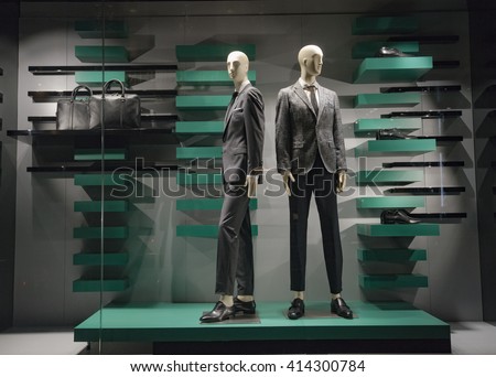 Men clothing in a luxury store(window display view)