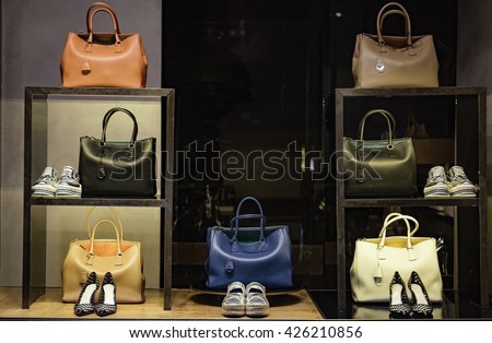 Shoes and handbags in a luxury fashion store