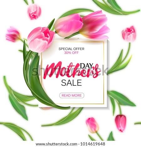 Mother\'s day sale shopping special offer holiday banner vector illustration. White plate with pink tulips on seamless tulips backdrop