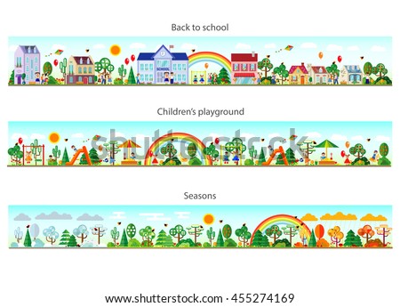 Header set in flat style. Website headers. Banner. Back to school. Children\'s playground. Seasons. Vector illustration. Buildings and nature elements big set.