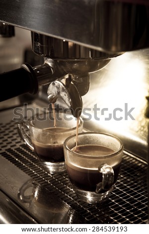 Step by making coffee from coffee bean, cup of coffee, vintage tone