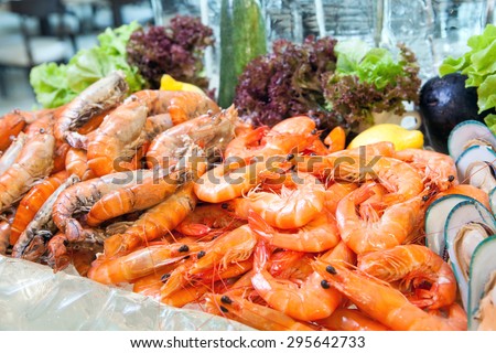 Prawn on ice, Seafood buffet line in hotel restaurant