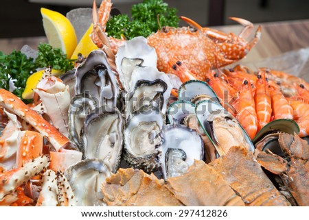 Seafood buffet (Oyster and Alaska King) Crab in hotel restaurant