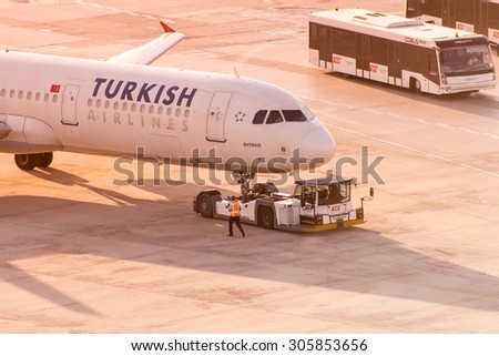 Istanbul, Turkey, August 13, 2015: Turkish Airlines Push Back Operation at Istanbul Ataturk Airport