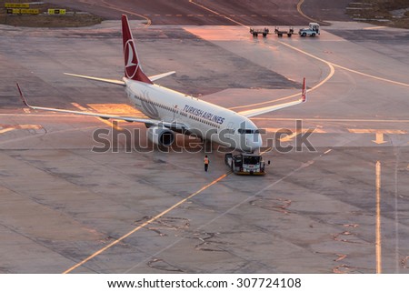 Istanbul, Turkey, August 18, 2015: Turkish Airlines Airplane Execute Push Back Operation at Istanbul Ataturk Airport