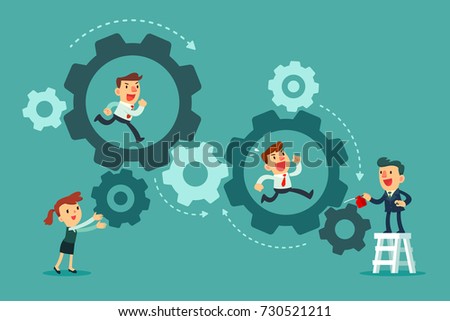Business team running in set of gears mechanism. Cogwheels. Business teamwork concept.