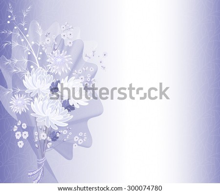 Bouquet of bride with delicate flowers on lilac color background. The large flowers bouquet of chrysanthemums and small gypsophilas flowers. It can be used for winter  wedding invitations.