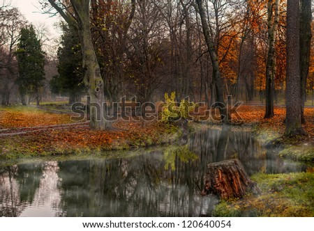 Misty dawn over Lake Forest .Fog and lake at dawn in fall .autumn morning at a forest lake with fog and beautiful warm colors