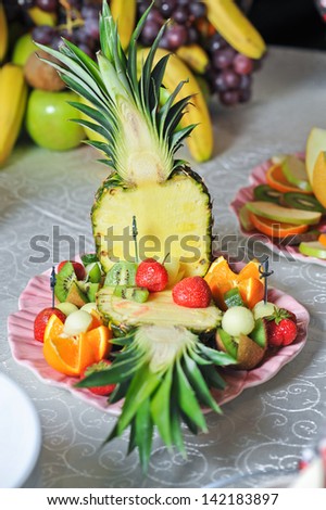 Carved Fruit Arrangement .fresh various fruits .Assortment of exotic fruits.Fresh fruits