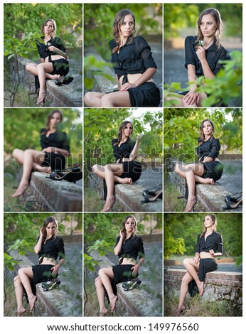 Charming young brunette woman in black dress and high heels sitting on brick wall.Sexy gorgeous young woman with long legs relaxing.Full length portrait of a woman with long hair and black shirt