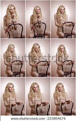 Attractive fair hair model with in elegant nude blouse sitting provocatively on chair, studio shot. Fashion portrait of a sensual blonde woman in classic blouse with long sleeves and ribbon on chair