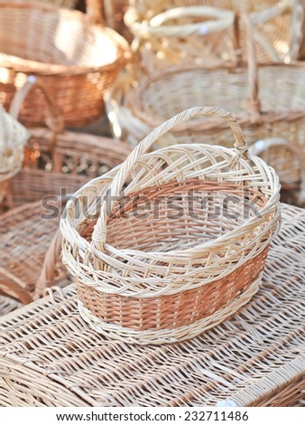 Handmade baskets for sale at a souvenir market in Romania. Traditional Romanian handmade wood baskets