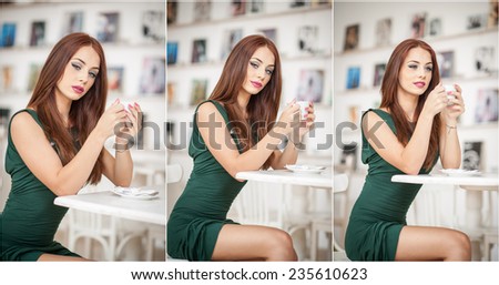 Fashionable attractive young woman in green dress sitting in restaurant. Beautiful redhead posing in elegant scenery with a cup of coffee in her hand. Pretty female relaxing, indoor shot.