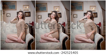 Young sensual woman sitting on sofa relaxing. Beautiful long hair girl with comfortable clothes daydreaming on the couch, alone. Attractive brunette wearing a tight fit short dress in cozy scenery