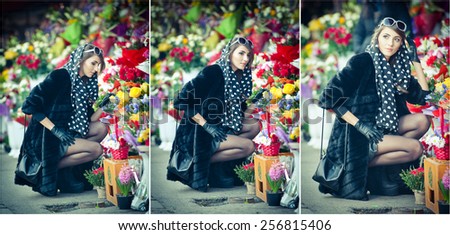 Beautiful brunette woman with gloves choosing flowers at the florist shop. Fashionable female with sunglasses and head scarf at flowers shop. Pretty brunette in black choosing flowers - urban shot