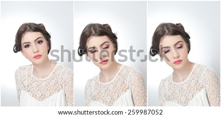 Hairstyle and make up - beautiful young girl art portrait with closed eyes. Genuine natural brunette, studio shot. Attractive female with beautiful lips in white lace blouse, over white background