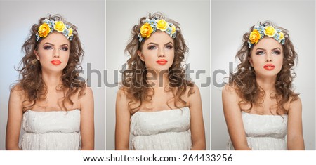 Portrait of beautiful girl in studio with yellow roses in her hair and naked shoulders. Sexy young woman with professional makeup and bright flowers. Creative hairstyle and makeup, studio shot
