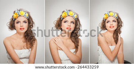Portrait of beautiful girl in studio with yellow roses in her hair and naked shoulders. Sexy young woman with professional makeup and bright flowers. Creative hairstyle and makeup, studio shot