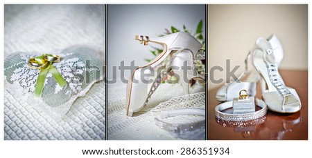 High heels wedding shoes. Rings and wedding accessories isolated