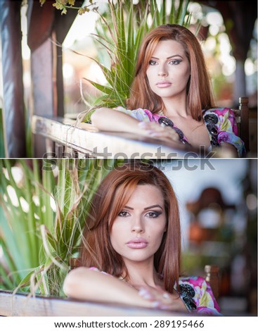 Beautiful female portrait with long red hair outdoor. Genuine natural redhead with bright colored blouse in park. Portrait of a attractive woman with beautiful eyes daydreaming, outdoor shot