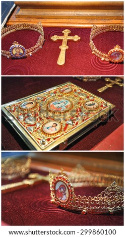 Bible, cross, crowns of gold on the table in church.Wedding celebration