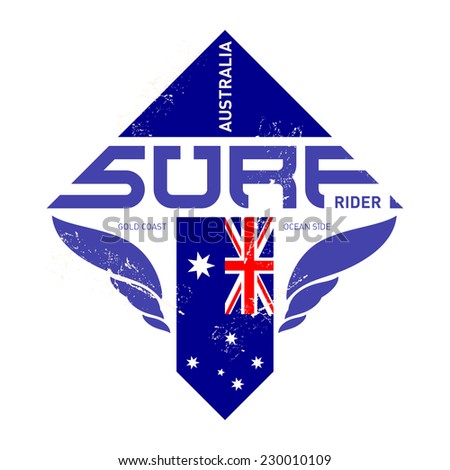 Gold coast Australia surf rider t-shirt vintage print. Vector design, tee graphics. Extreme sport background