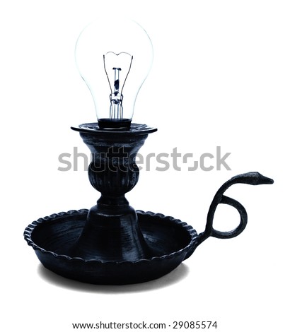 Electric bulb on a candlestick holder isolated over white