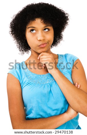Close-up of a teenage girl thinking isolated over white