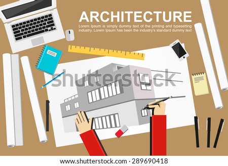 Architecture illustration. Architecture concept.  Flat design illustration concepts for working, task, construction, drawing, architectural, business, analysis, planning, brainstorming.