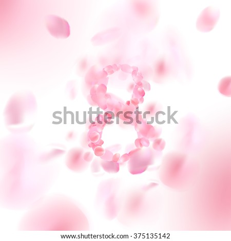 '8' with falling flower petals blossom. Romantic vector illustration.