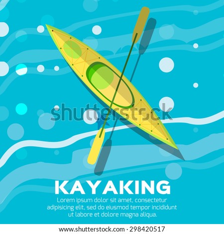 Kayak and paddle. Vector illustration of Outdoor activities elements - kayak and rowing oar. Yellow kayak isolated, sea kayak