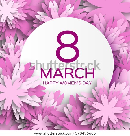 Abstract White Pink Floral Greeting card - International Happy Women\'s Day - 8 March holiday background with paper cut Frame Flowers. Happy Mother\'s Day. Trendy Design Template. Vector illustration.
