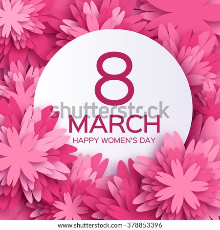Abstract Pink Floral Greeting card - International Happy Women\'s Day - 8 March holiday background with paper cut Frame Flowers. Happy Mother\'s Day. Trendy Design Template. Vector illustration.
