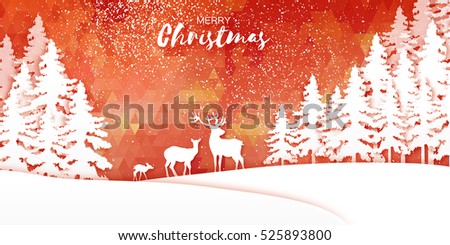 Origami Merry Christmas Snow Winter forest, landscape with deer family. Greeting card on space polygonal orange background with text, bauble. Happy New Year holiday. Vector paper art illustration