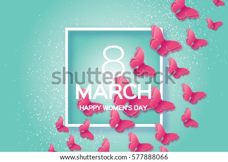 8 March. Happy Mother\'s Day. Paper cut Pink Wild Butterfly. Beautiful Origami insect holiday background. Nature Greeting card. Happy Women\'s Day. Square frame. Vector illustration