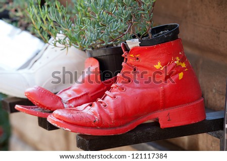 old shoes processed on flowerpots