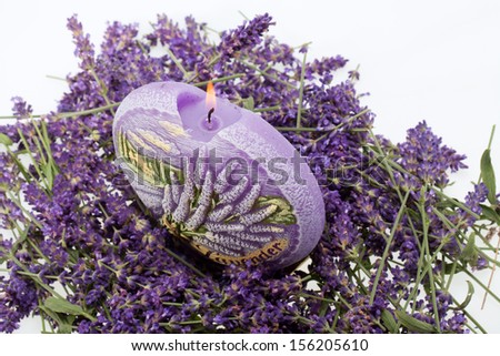 Lavender and candle  isolated on white background