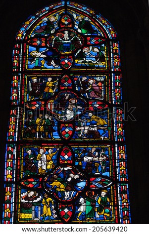TOURS, FRANCE - JUNE 24, 2013: Stained glass windows of Saint Gatien cathedral in Tours, France.