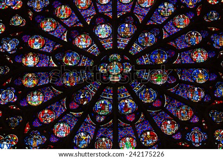 Paris, France - September 9, 2014: Paris, Notre Dame Cathedral. South transept rose window. UNESCO World Heritage Site. Paris, France